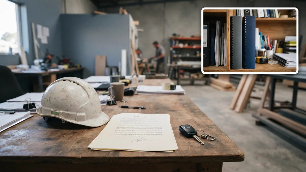 A signed contract on a desk beside a hard hat and a truck key, representing the two 2022 High Court cases